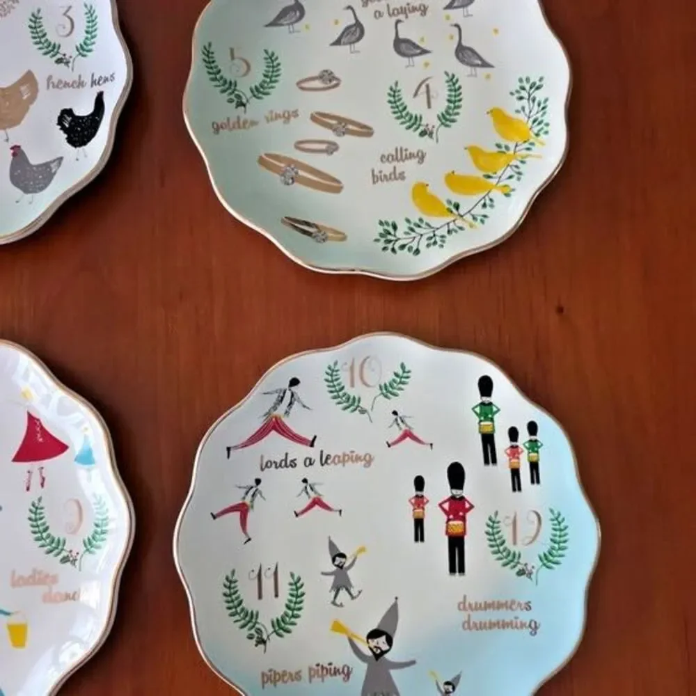 World Market 12 Days of Christmas Stoneware Scalloped Edge Plates 7.5” Set of 4